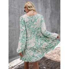 Loose Casual Floral Lace Stitching Sleeves Long Sleeve V-neck Printing