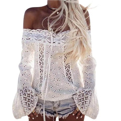 Summer Sexy Women Lace White Blouse Tops Turtleneck Shirt