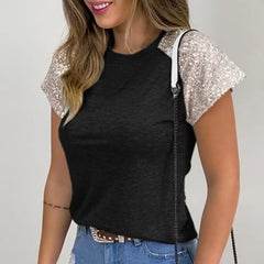 Sequined O-Neck Short Sleeve Slim Summer Blouse