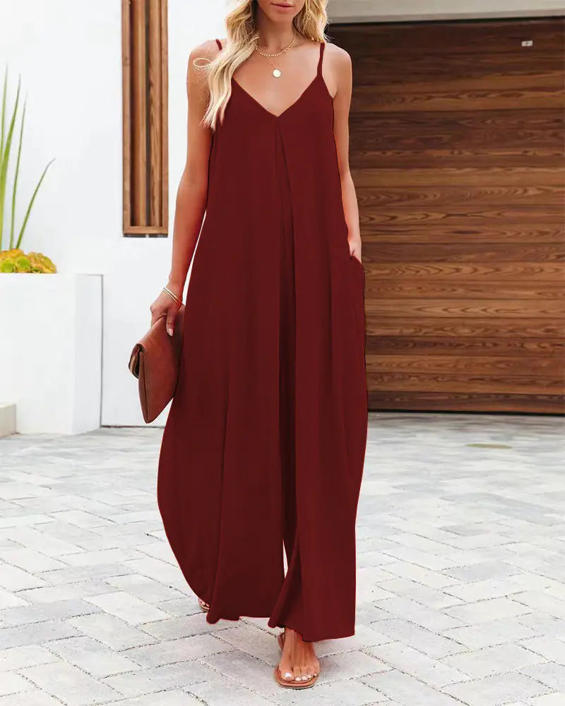 Women's Casual Wide-Leg Jumpsuit with Pockets