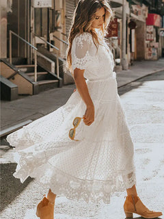 Hollow Out White Dress Sexy Women Lace Long Dress