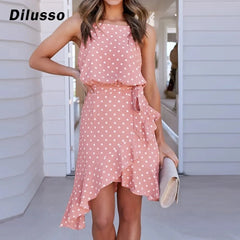 Summer Polka Dot Ruffle Split Mini Dress #D3