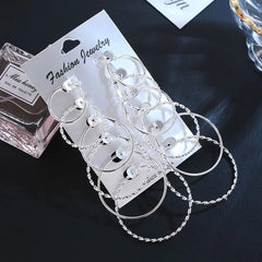 12 Pair Women Large Circle Silver Color Hoop Earrings