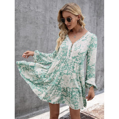 Loose Casual Floral Lace Stitching Sleeves Long Sleeve V-neck Printing