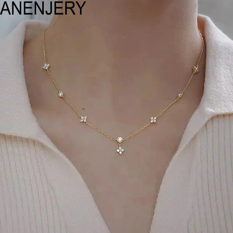 ANENJERY Inlaid Zircon Four-leaf Flower Chain Necklace for Women New Niche Light Luxury Hot Fashion collares choker Accessories